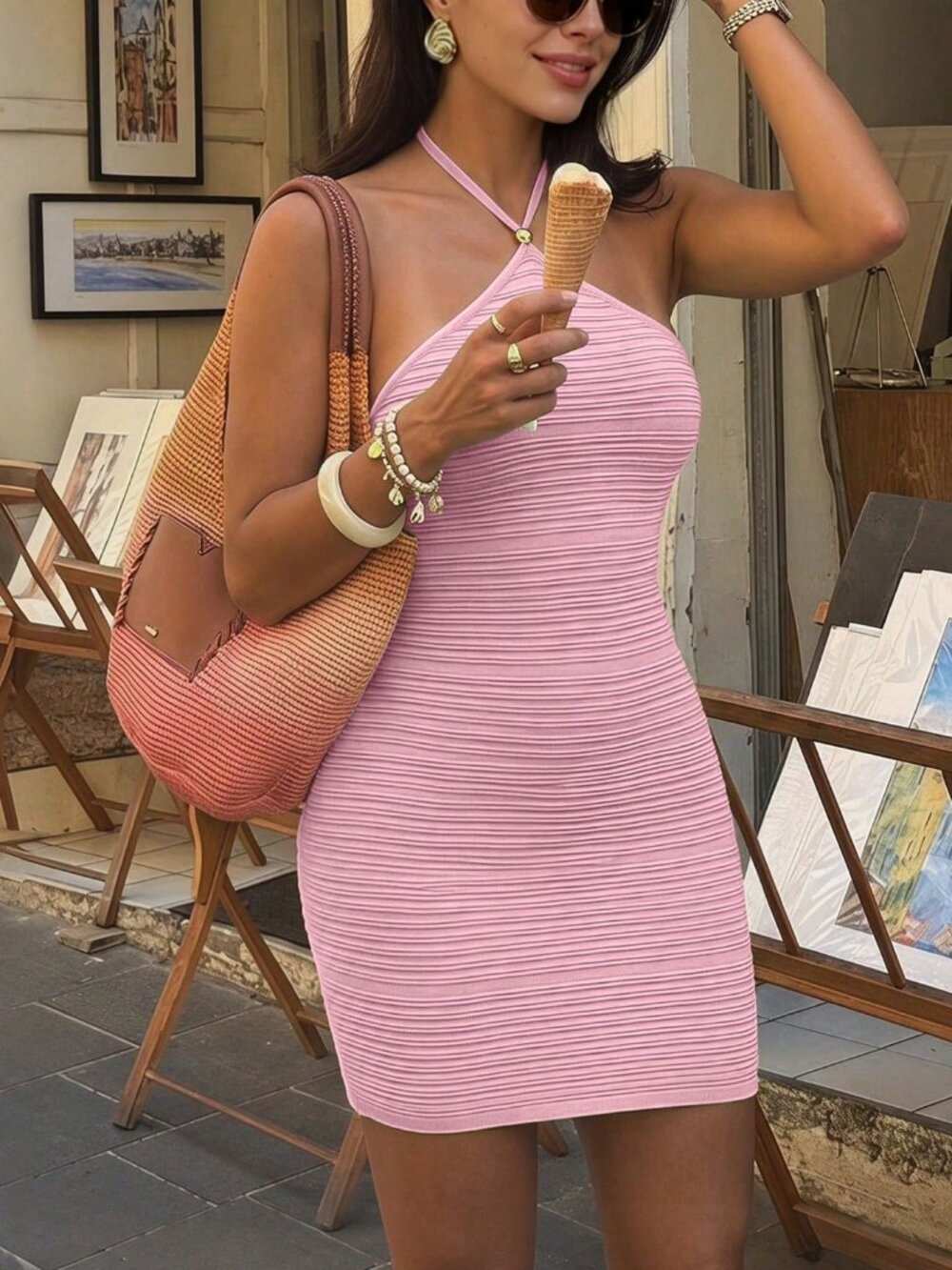 Pink Sexy Women's Halter Neck Ribbed Bodycon Mini Dress - Picture 5 of 8